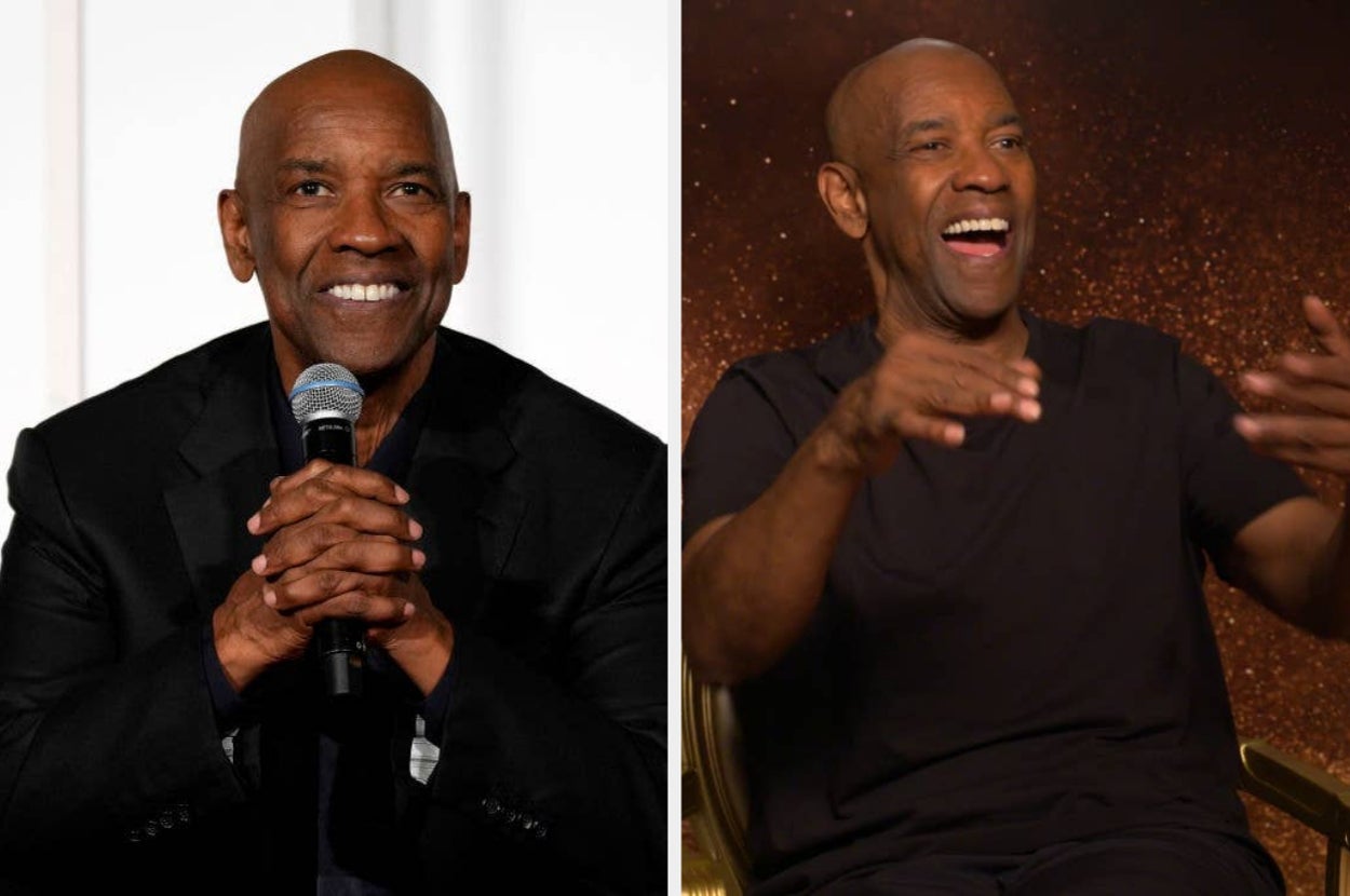 Two side-by-side images of a smiling man holding a microphone and gesturing while seated, wearing casual and formal attire