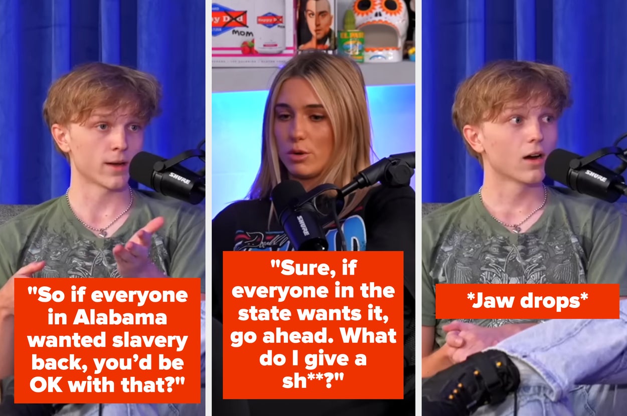 Side by side photos of a conversation in a podcast studio