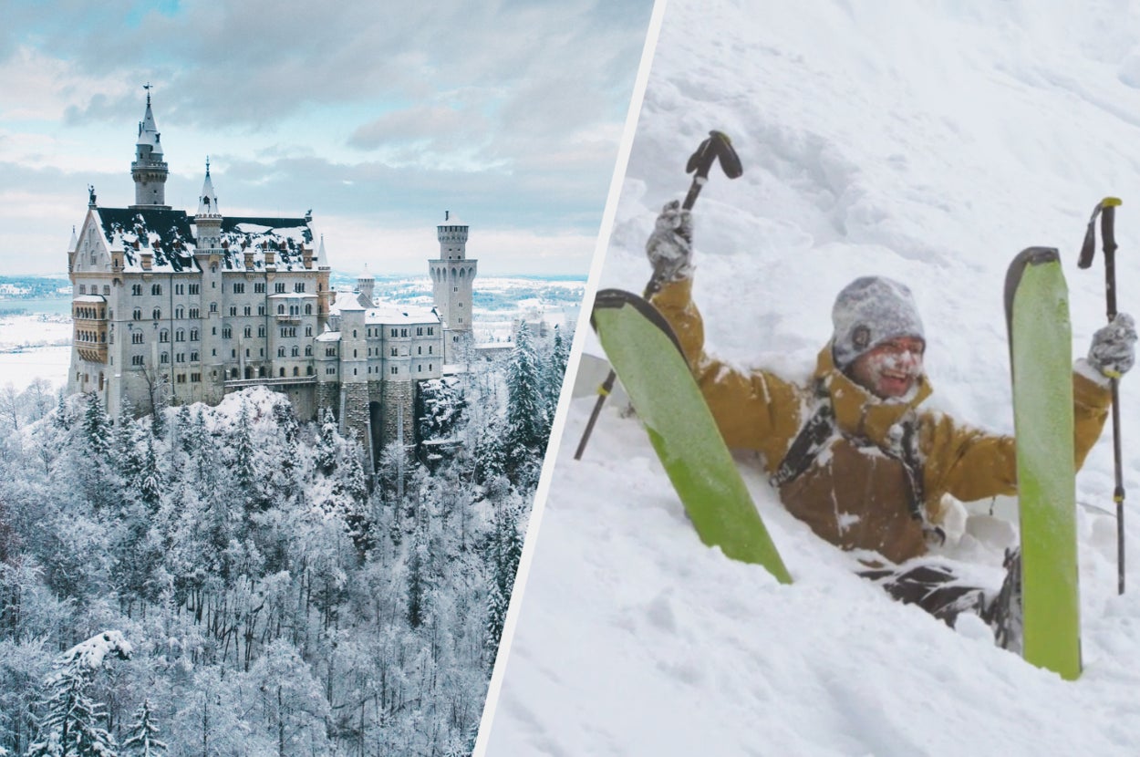 A snow-covered castle on the left; a person with skis laughs, sitting in snow on the right