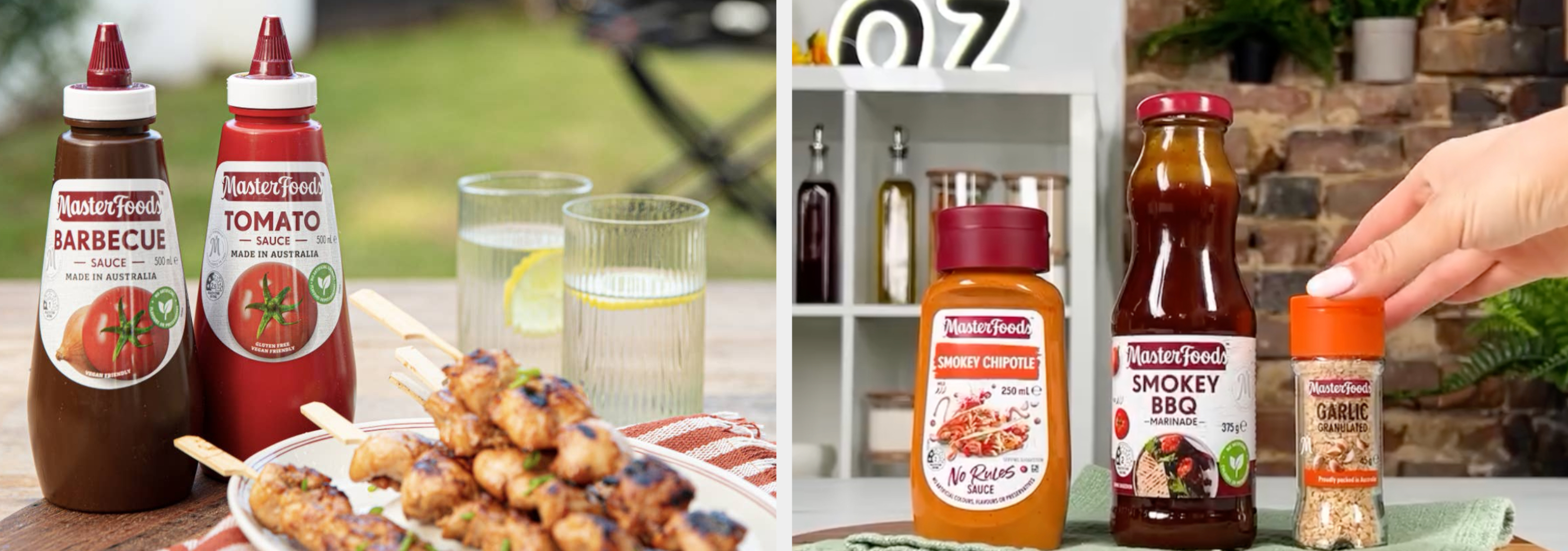 Barbecue sauce bottles next to grilled skewers on a table; hand dipping a pastry into sauce with more pastries in the background