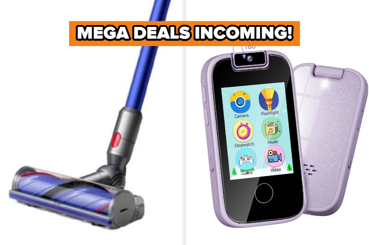 Vacuum with blue handle and a purple kids' smartphone. Text: "MEGA DEALS INCOMING!"