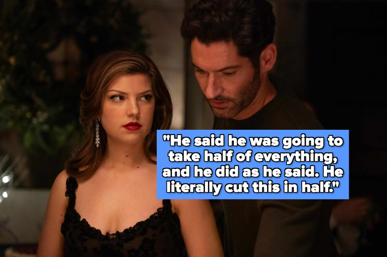 A man and woman are in a dramatic moment. A text in the image says, "He said he was going to take half of everything, and he did as he said..."