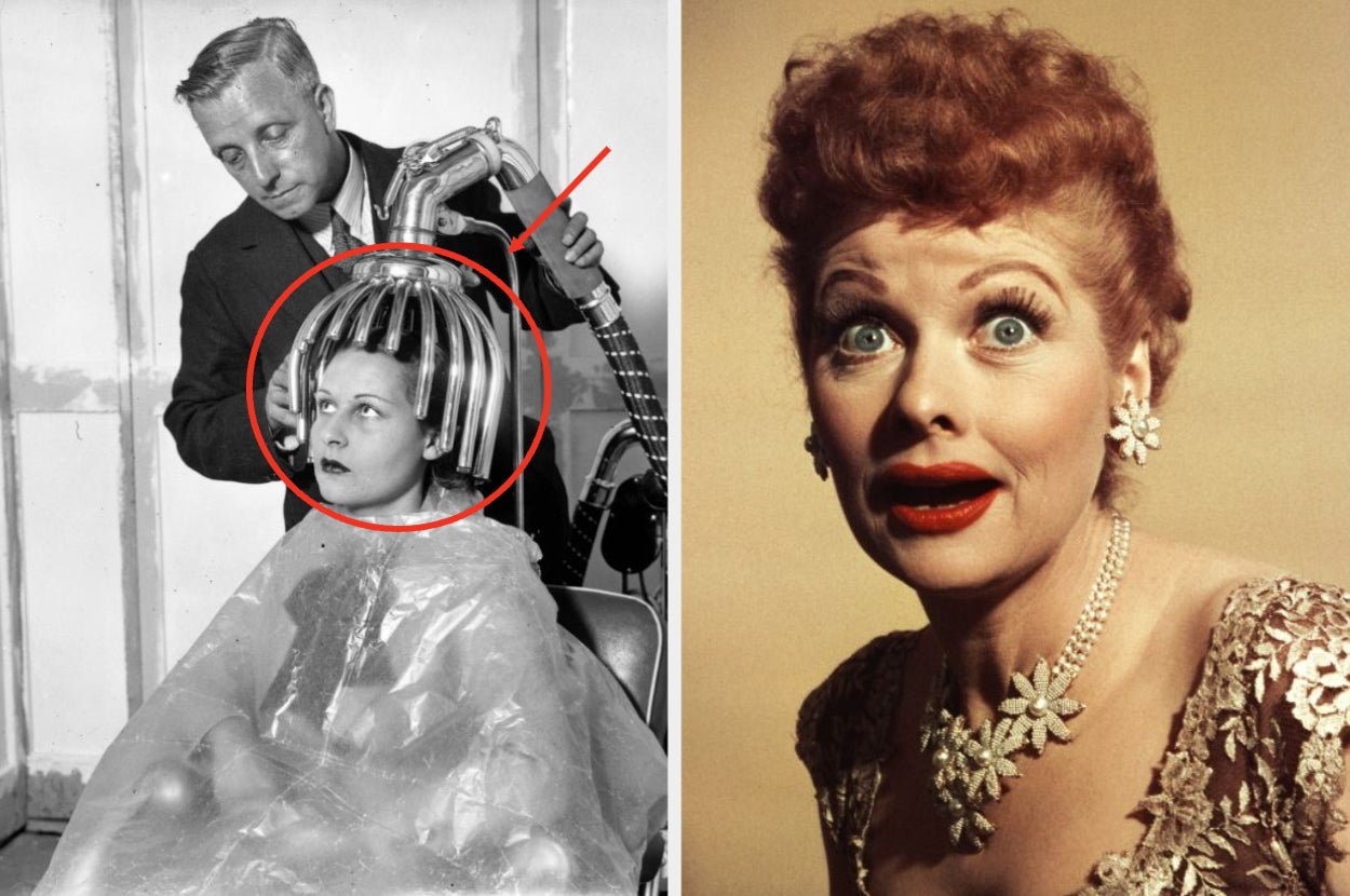Left: Woman under vintage hair styling device. Right: Woman with styled hair and vintage dress, looking surprised