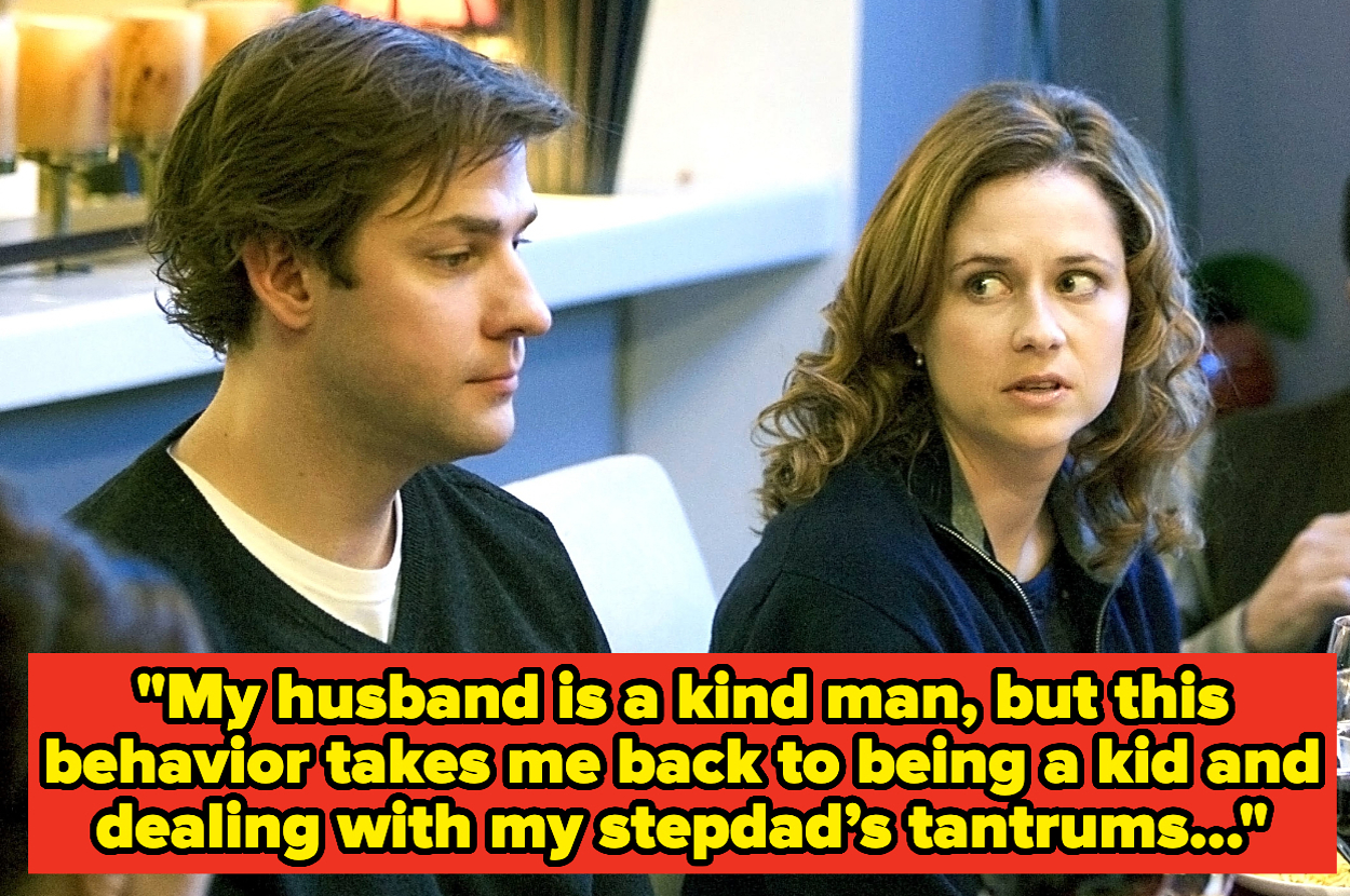 A man and woman sit side by side; text below quotes the woman discussing the ways her stepdad's tantrums compare to her husband's moods