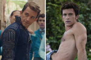 Two scenes from a movie or TV show featuring a man in a blue jacket on the left and a shirtless man outdoors on the right
