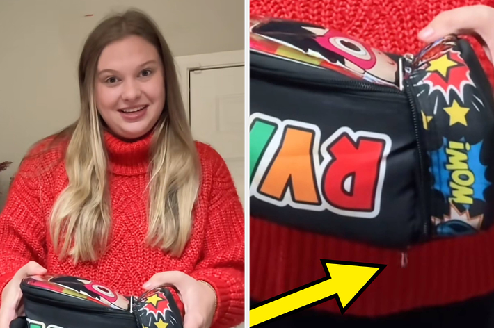 女性がキッチンで漫画風のプリントがある昼食袋を持っている。