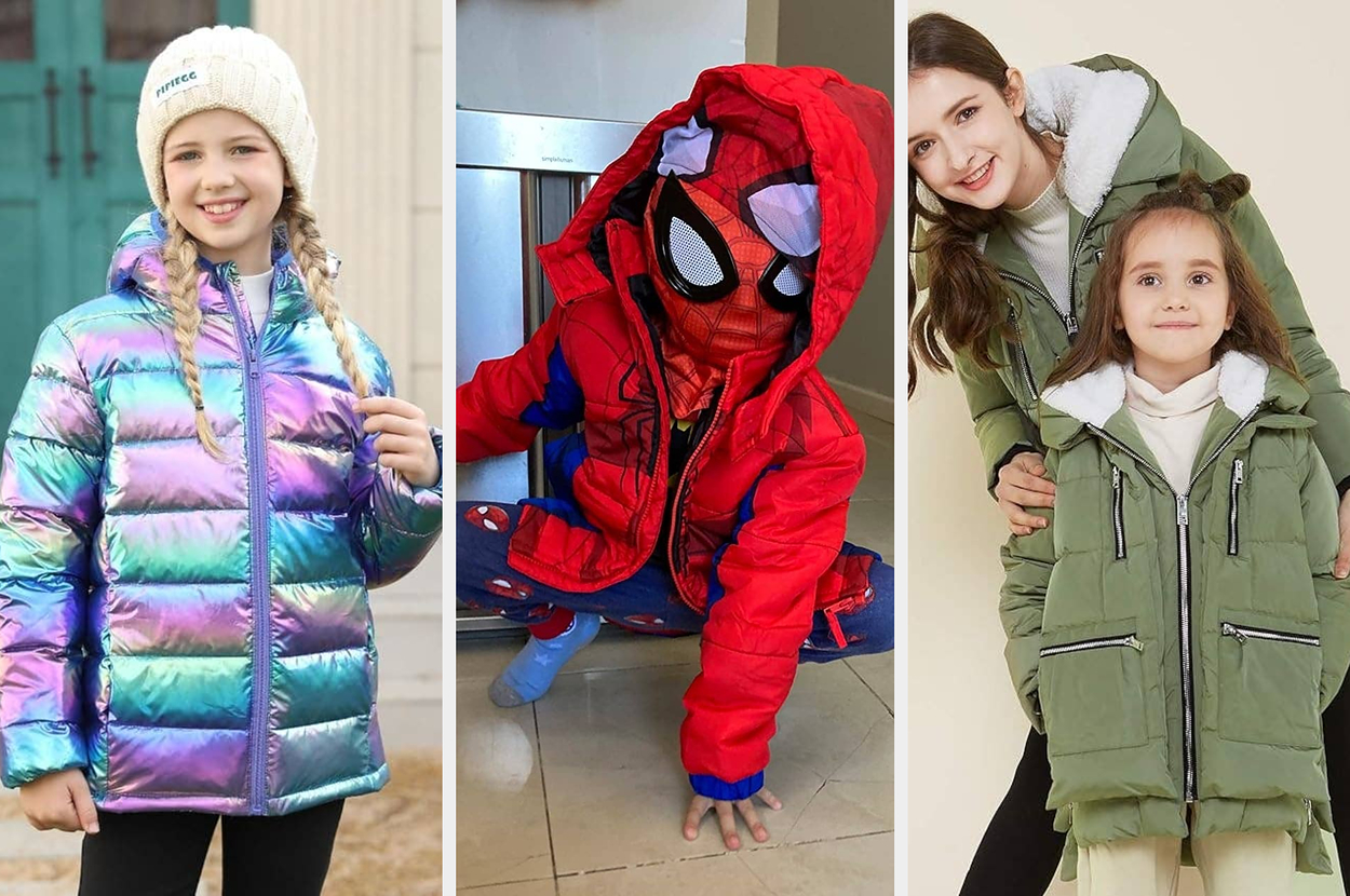 Left: A person in a thick fur-lined coat; right: A child in a Spider-Man costume squats playfully indoors