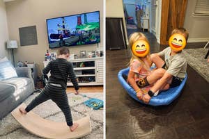 Child balancing on a curved board in a living room; two kids sitting in a plastic toy, smiling