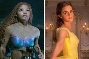 Split image of Halle Bailey in "The Little Mermaid" and Emma Watson in "The Beauty and the Beast."
