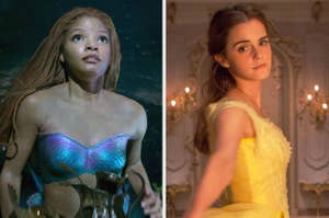 Split image of Halle Bailey in "The Little Mermaid" and Emma Watson in "The Beauty and the Beast."