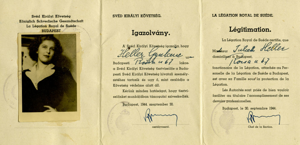 An identification document from 1944 with a photo of a woman named Julia Heller and text in Hungarian and French