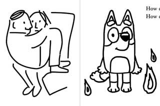 Cartoon drawing: two people sitting affectionately and a cute dog looking curious, with flame illustrations nearby