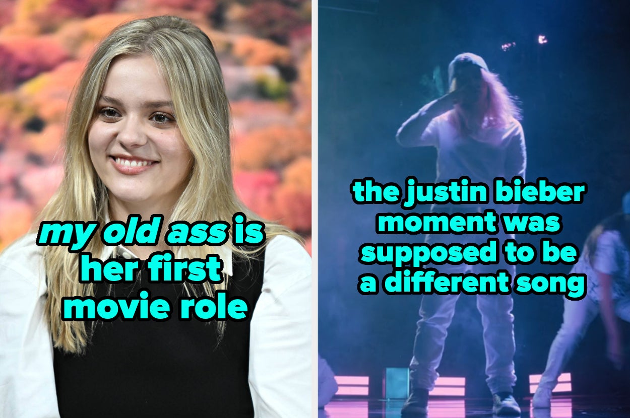 Split image: Left side shows a woman smiling, right side shows a performer on stage. Text mentions a movie role and music performance comment