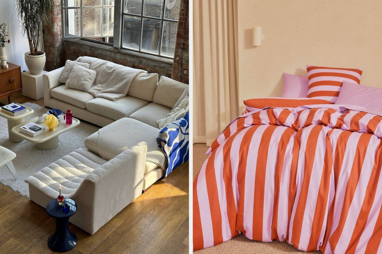 Left: Cozy living room with sectional sofa and decorative throws. Right: Bed with striped bedding and pillows