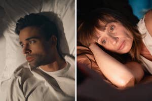 Split image: Left, a man lies in bed looking away, and on the right, a woman lies in bed looking thoughtful