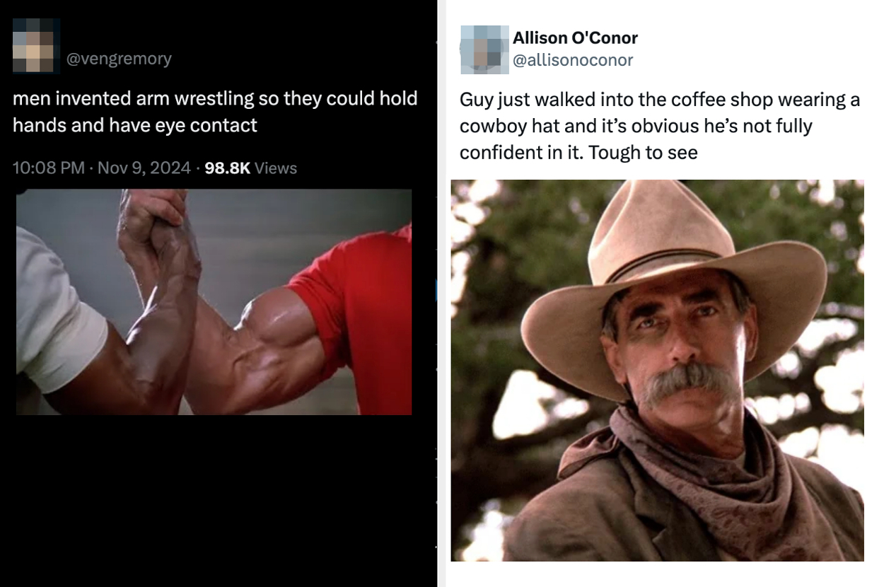 Two tweets: one humorous about arm wrestling, another about someone insecure in a cowboy hat