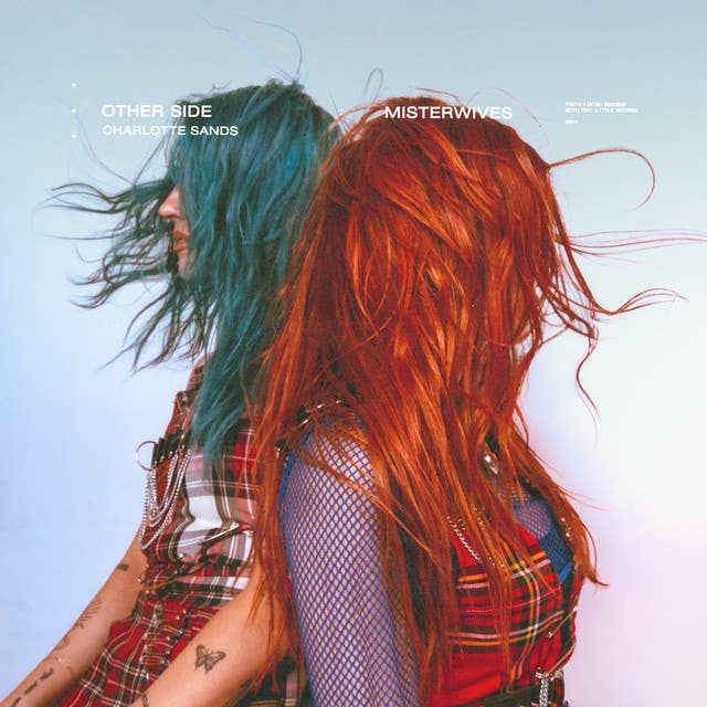 Two people with vibrant hairstyles facing opposite directions, wearing plaid outfits, on an album cover titled