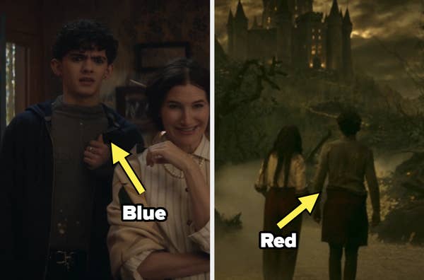 Two scenes from a film: left shows two people indoors; right shows two figures walking towards a castle, each with clothing labeled as &quot;Blue&quot; and &quot;Red.&quot;
