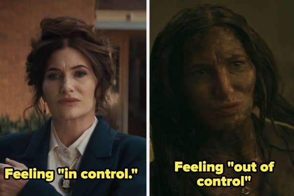 Side-by-side images show a woman looking composed on the left, labeled &quot;Feeling &#x27;in control,&#x27;&quot; and disheveled on the right, labeled &quot;Feeling &#x27;out of control.&#x27;&quot;