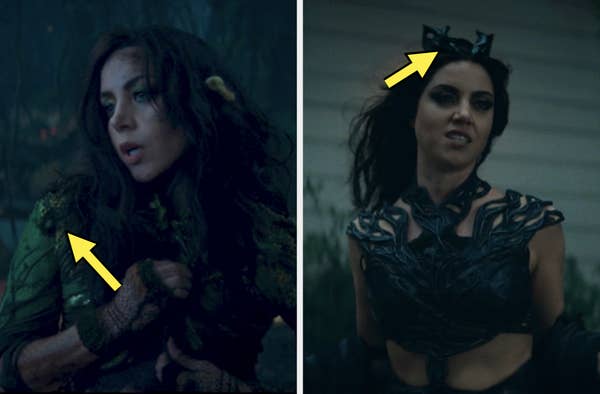 Two women in fantasy costumes on a TV set; one in leaf-themed attire and the other in a dark outfit with a headpiece