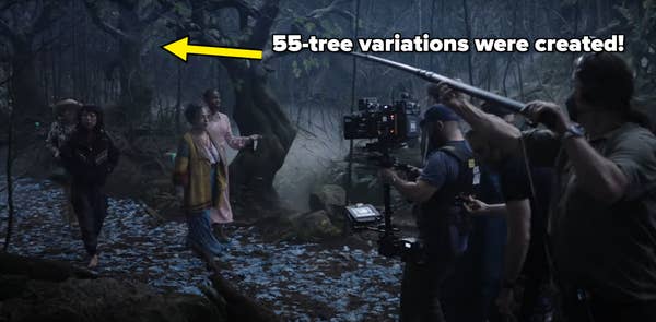 Film crew shoots a scene in a forest with actors in period costumes and intricate set design. Camera equipment and crew members are visible