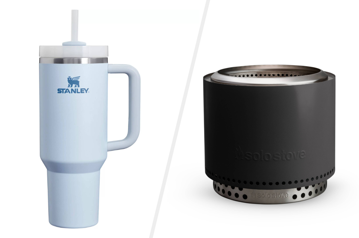A Stanley travel mug with a handle and a Solo Stove fire pit are displayed side by side
