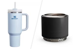 A Stanley travel mug with a handle and a Solo Stove fire pit are displayed side by side