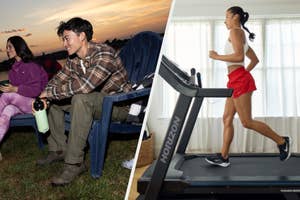 Two images: left, people in casual outdoor attire sitting in chairs; right, a person running on a treadmill wearing athletic shorts and a tank top