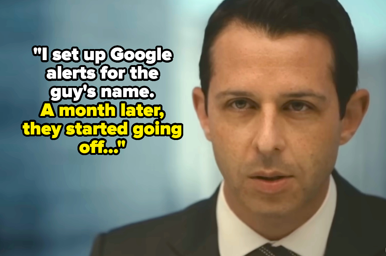 Kendall Roy from "Succession" in a suit with text: "I set up Google alerts for the guy's name. A month later, they started going off..."