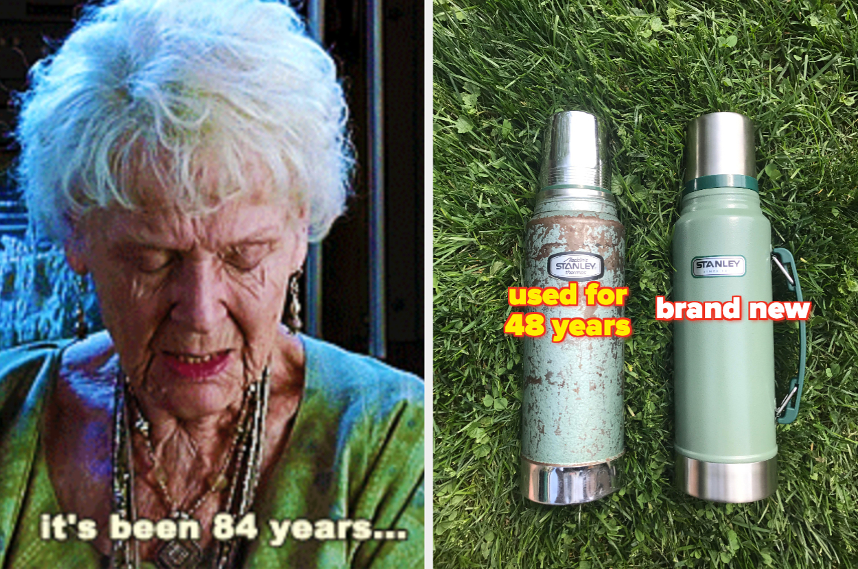 Elderly woman saying, "It's been 84 years..." Next to her, a rusty flask labeled "used for 48 years" and a pristine flask labeled "brand new."