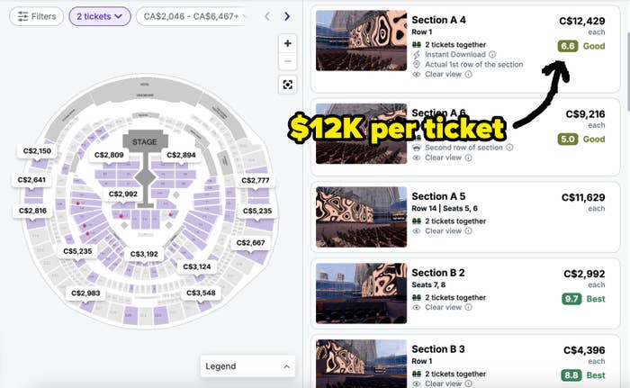 Concert ticket map showing seat availability and prices ranging from C$2,467 to C$12,429 for different sections and rows
