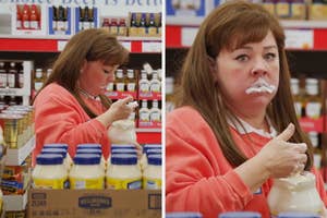 Melissa McCarthy in a store eating mayonnaise with a spoon, looking surprised. Shelves with condiments are visible in the background