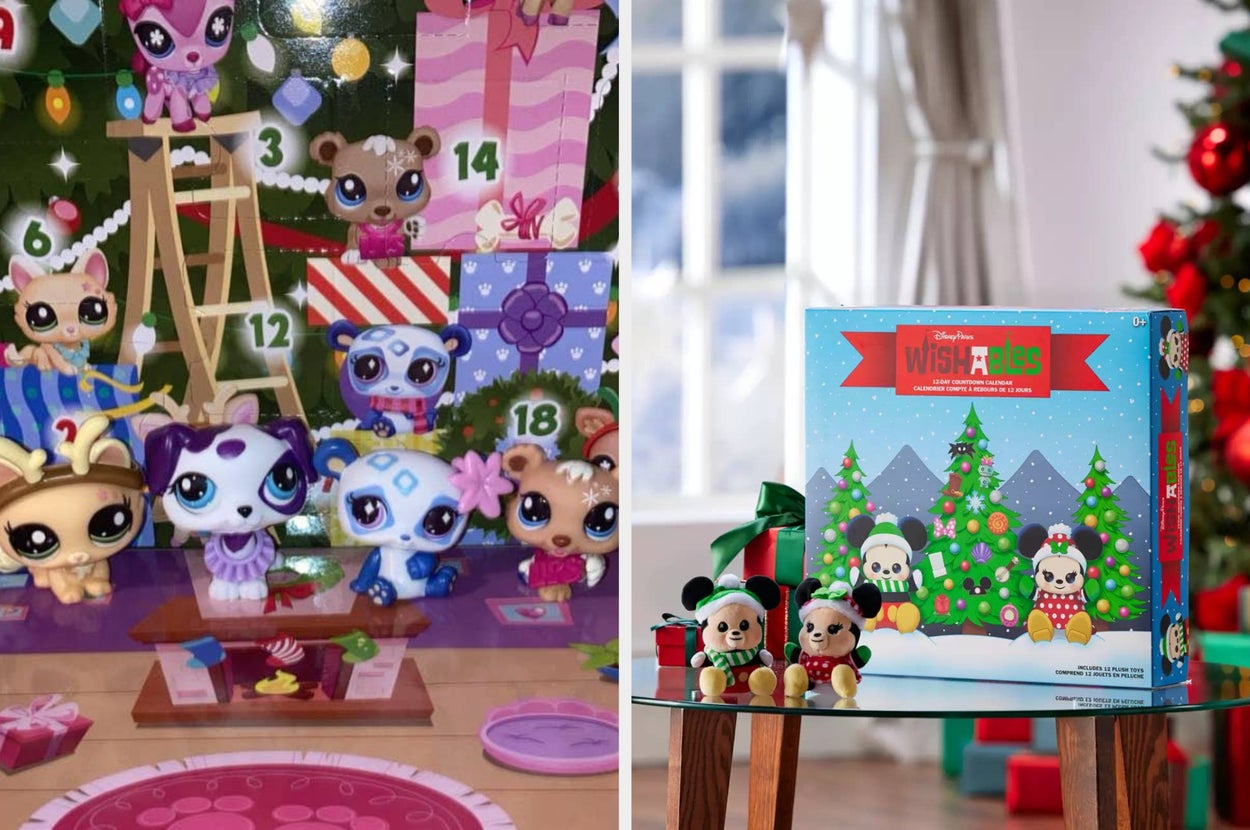 Toy Advent calendar with figures on the left; Slime Advent calendar with colorful jars and holiday-themed decorations on the right