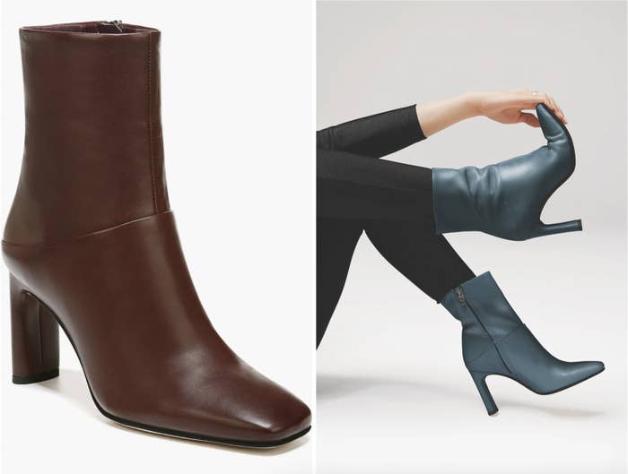  1  brownish  with a chunky heel, and 1  bluish  with a stiletto heel, being worn with achromatic  leggings