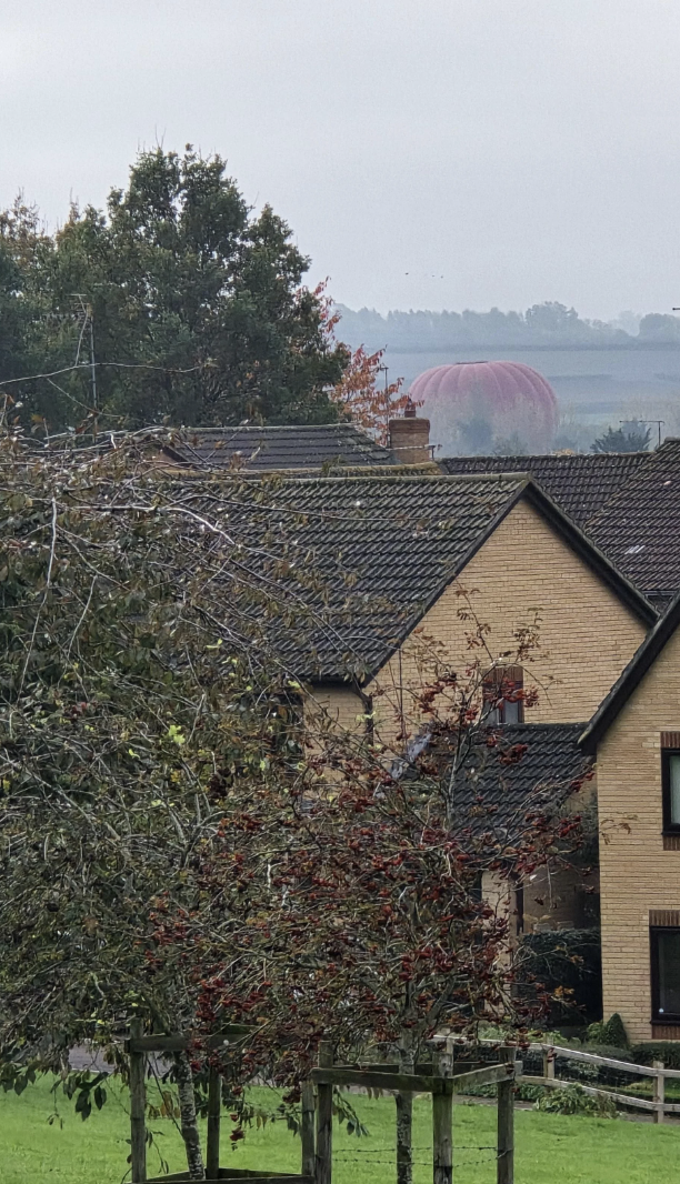Hot air balloon visible in the distance above rooftops and trees