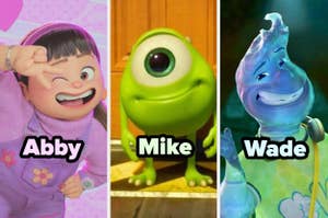 Abby, Mike y Wade, personajes animados de películas, posan en estilo alegre y distintivo