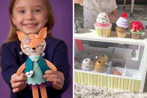 Child holds a plush fox toy; adjacent is a children's toy ice cream counter with pretend cones and scoops