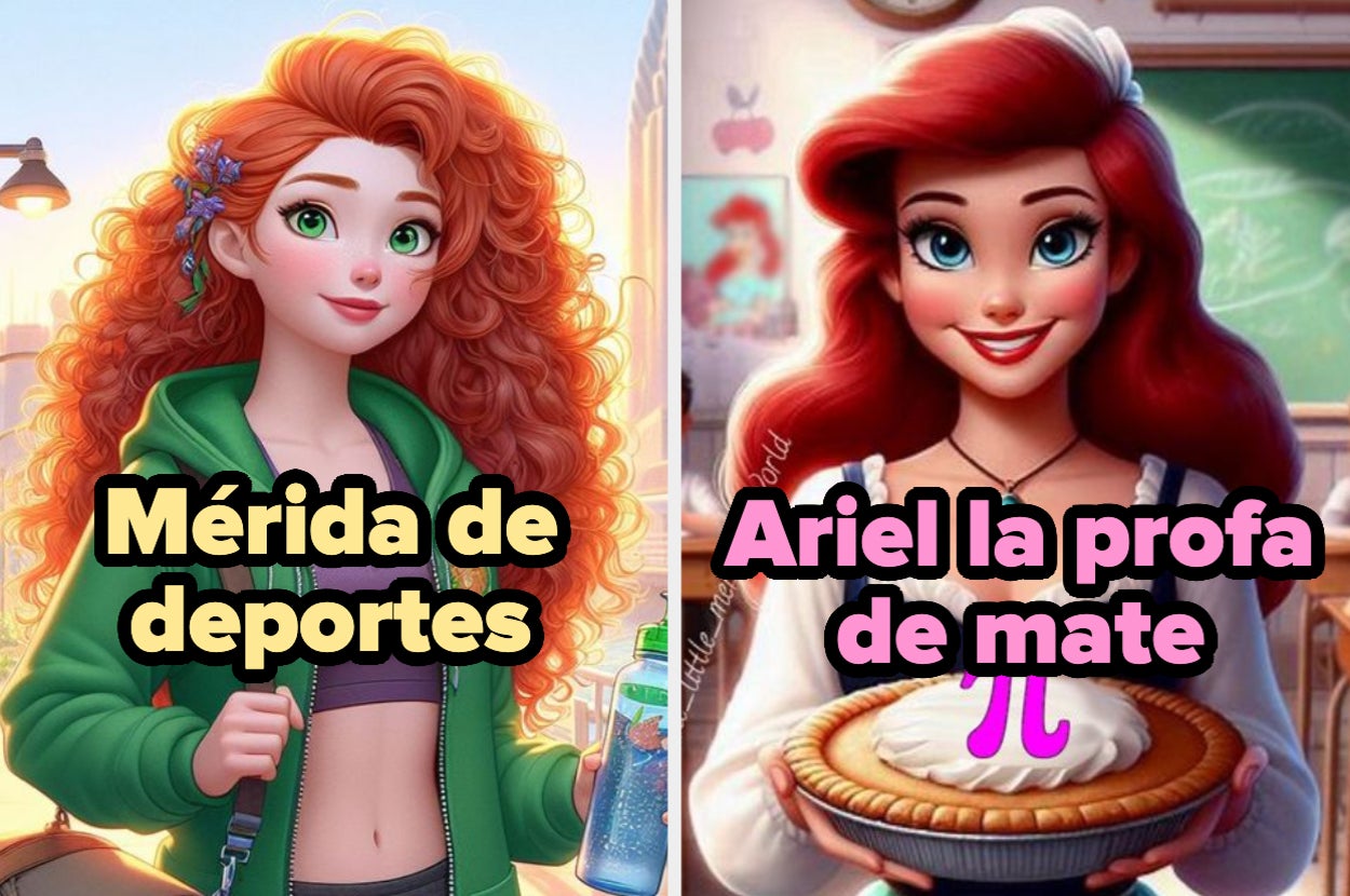 Imagen de Mérida con ropa deportiva y botella de agua y Ariel como profesora de matemáticas con un pastel. Texto: "Mérida de deportes, Ariel la profa de mate"