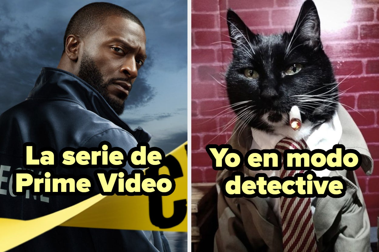 Imagen dividida: izquierda, hombre con chaqueta y cinta de precaución; derecha, gato en traje con corbata y cigarrillo falso. Texto: "La serie de Prime Video" y "Yo en modo detective"