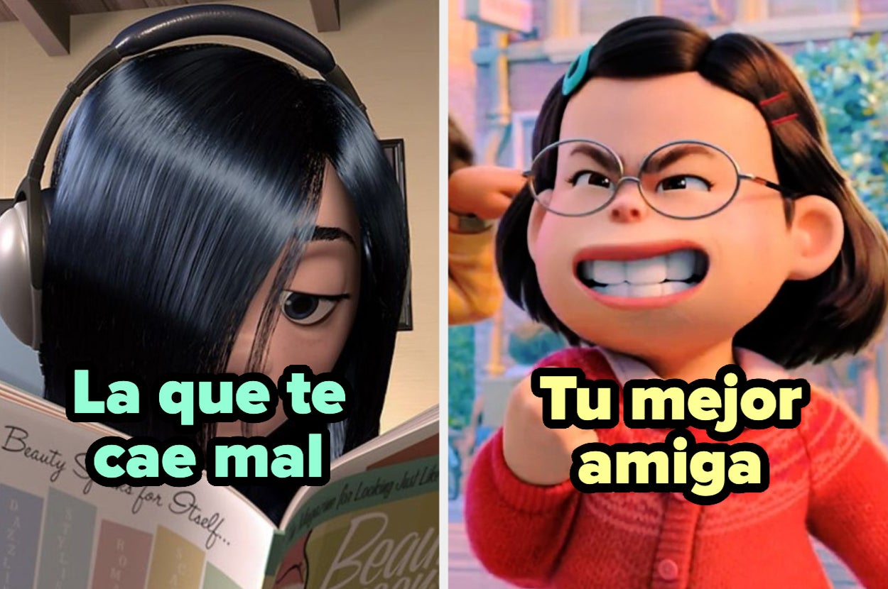 Personaje leyendo con audífonos y texto "La que te cae mal"; otro personaje sonriendo con texto "Tu mejor amiga"