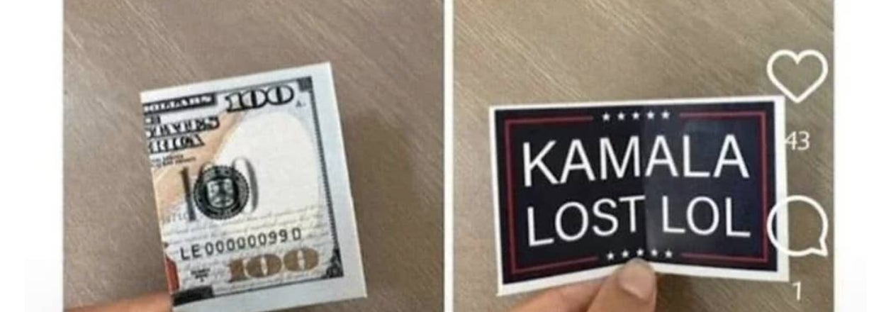 Close-up of a fake $100 bill revealing a political message that reads "Kamala Lost LOL" when unfolded