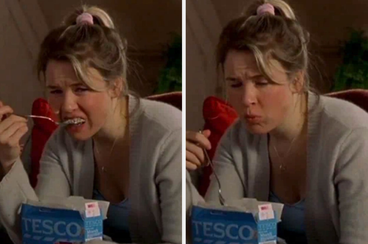 Person eating from a Tesco container, first looking displeased, then contemplative, in a cozy setting