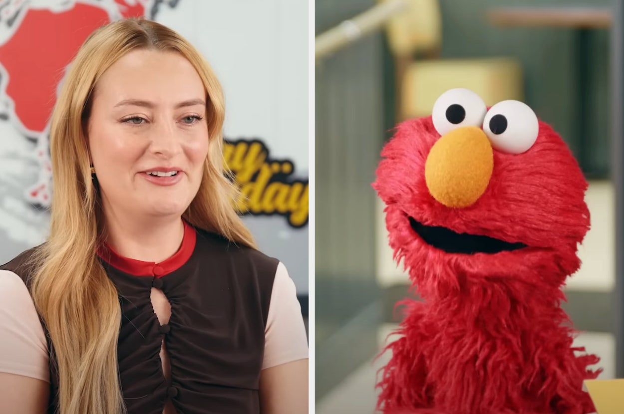A woman with long hair smiles beside Elmo, the red Muppet, in this split-screen image