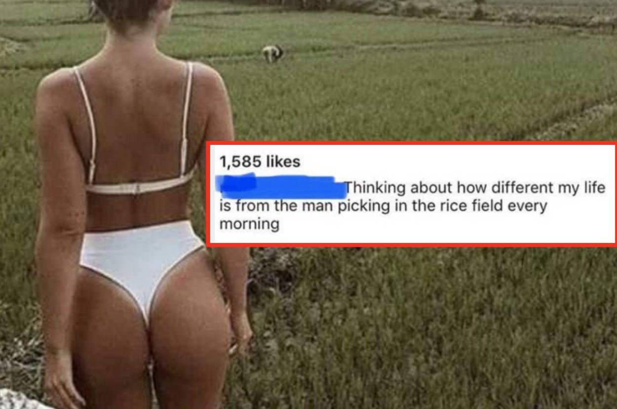 A person in a swimsuit looks at a rice field. A caption contrasts their life with a worker in the field, noting vast lifestyle differences