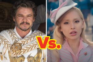 Split image: Man in Roman-style outfit on left; woman in vintage hat and pinstripe suit on right. Yellow and red "Vs." in center