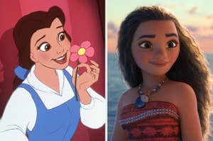 Animated characters Belle holding a flower and Moana smiling by the sea, representing classic Disney movies