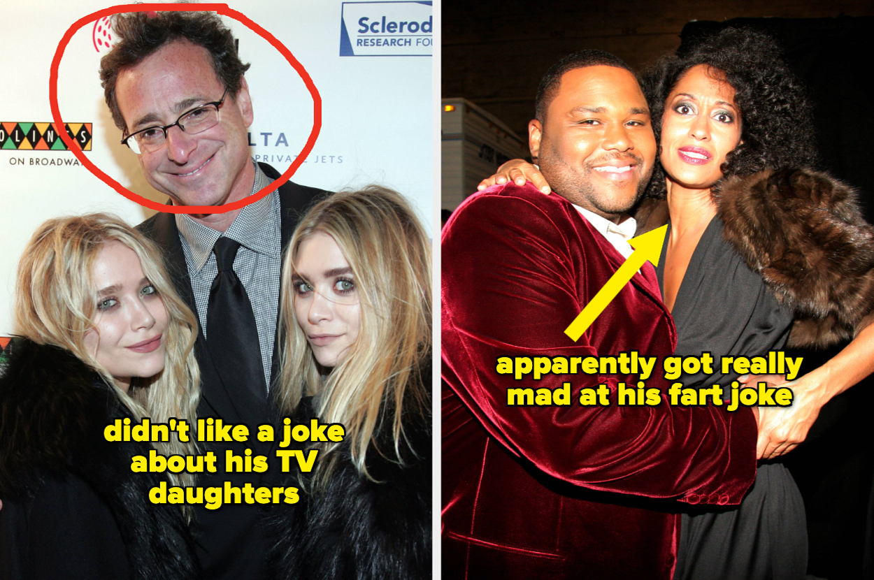 Bob Saget smiles on the red carpet with Mary Kate and Ashley Olsen vs Anthony Anderson smiles while Tracee Ellis Ross pulls his hand off her waist