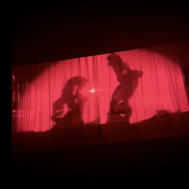 Silhouettes of two performers dancing behind a curtain, backlit to create a red glow effect