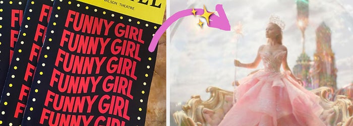 Playbills for "Funny Girl" next to an image of a person in a fancy pink dress and crown, standing in a bubble with a magical theme