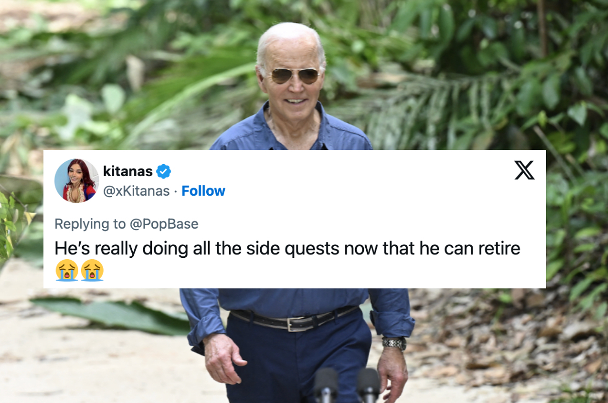 Man walking outdoors in casual clothing. Tweet overlay jokes about him doing side quests now that he can retire, with crying emojis